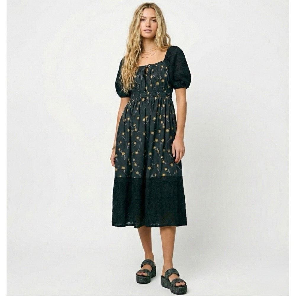 NWT Bohme Rebekah Black Floral Smocked Puff Sleeve Midi Dress Cottage Medium
